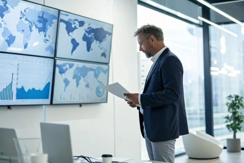 Clothing brand manager analyzing global export data