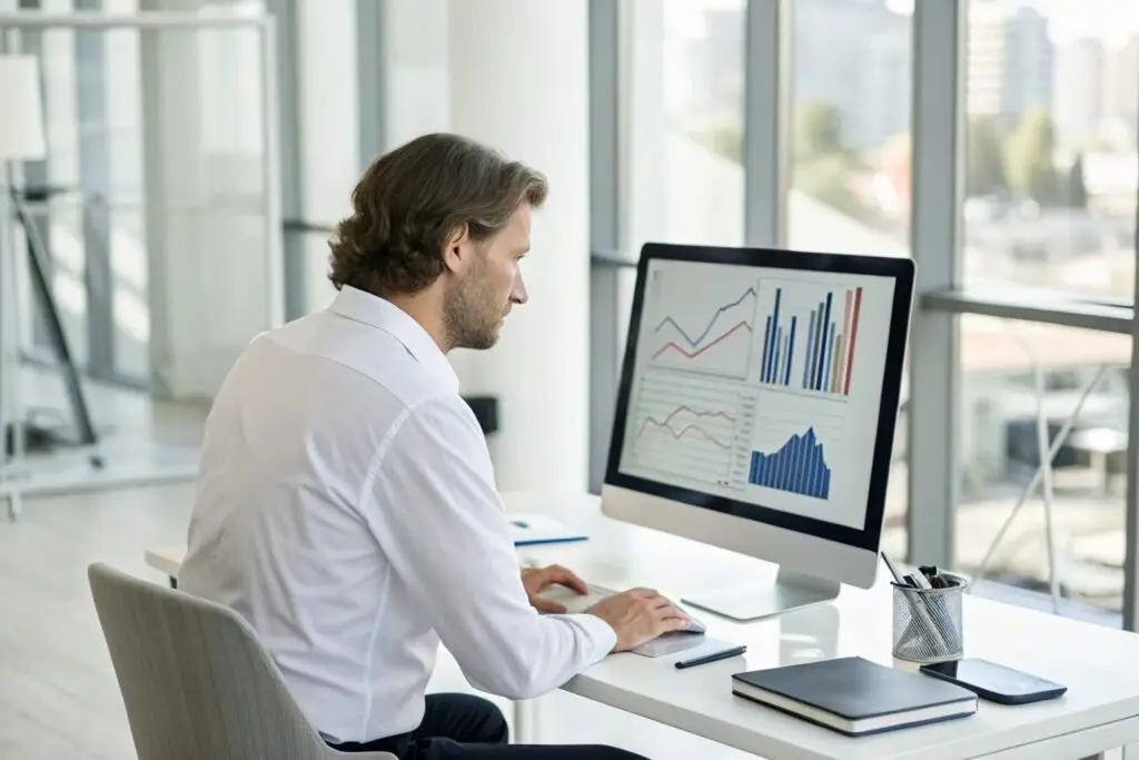 European clothing brand manager reviewing customer data