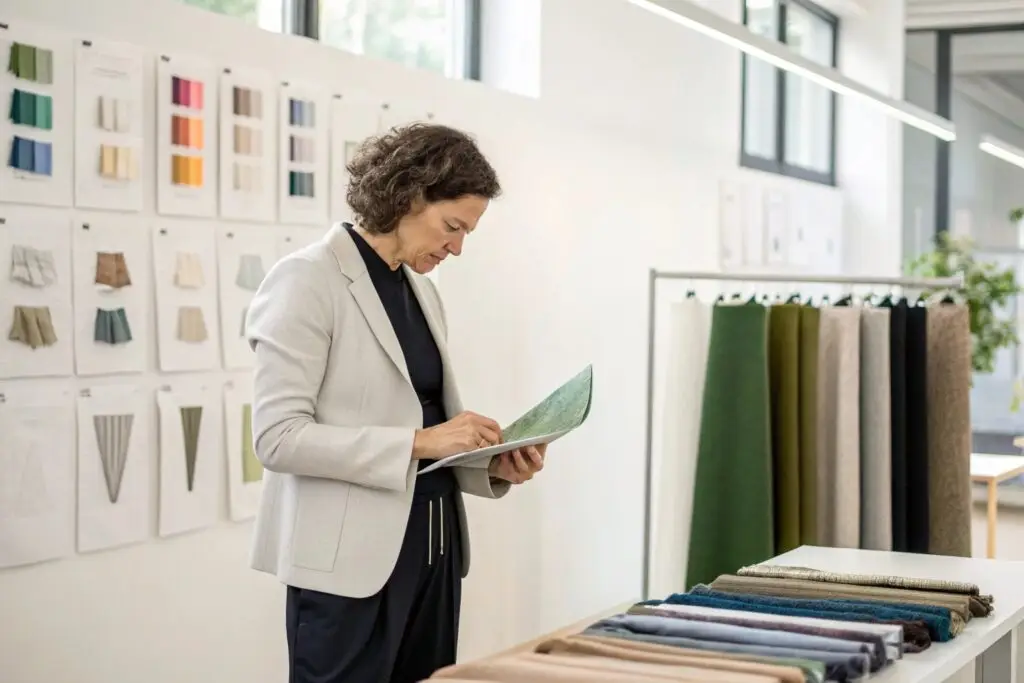 Clothing brand manager reviewing fabric samples