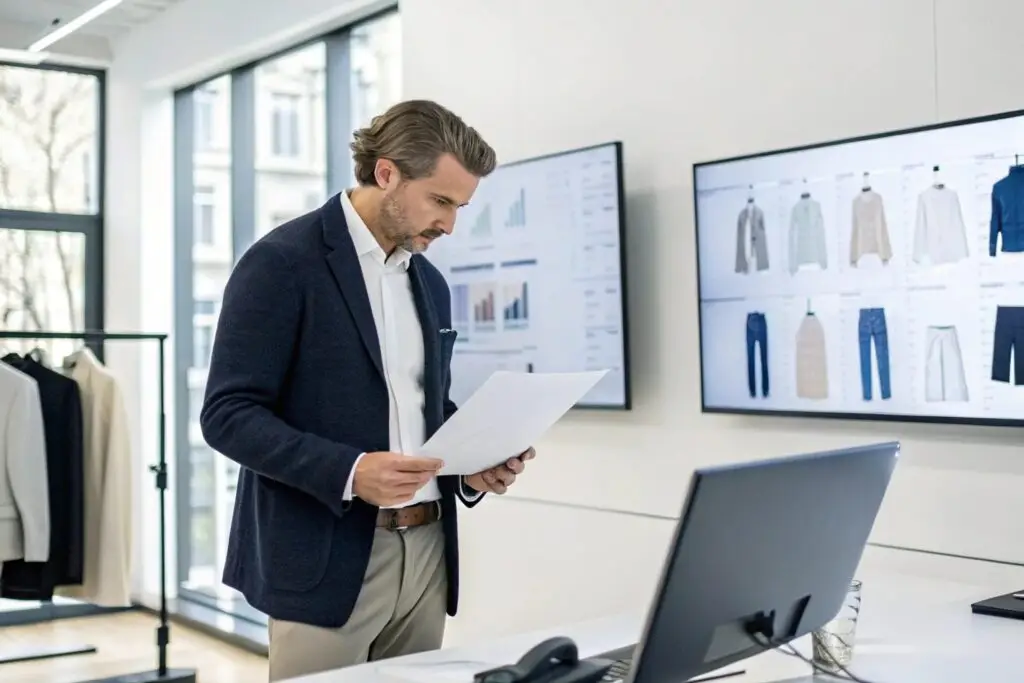 Clothing brand manager reviewing pricing data