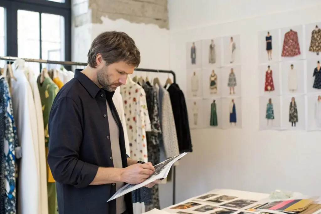 European clothing brand manager reviewing designs