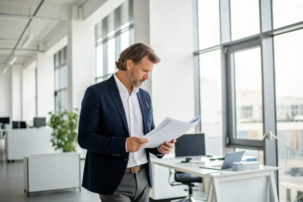 European clothing brand manager reviewing business plan