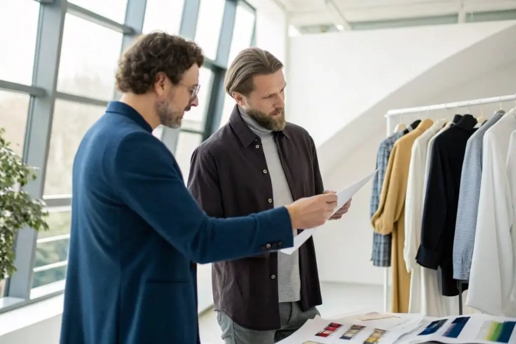 Fashion professionals reviewing fabric charts and garments