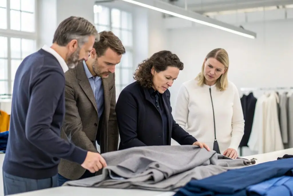 European clothing brand team reviewing a large fabric batch