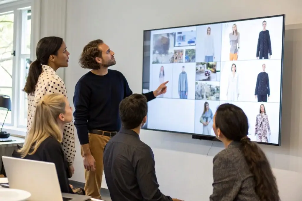 Fashion team reviewing clothing designs on digital screen