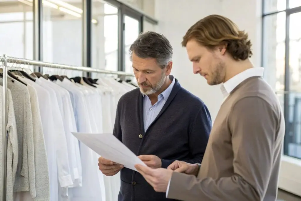 European clothing buyer reviewing a clear pricing sheet