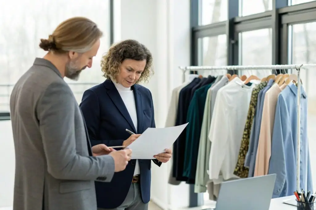 Fashion buyers evaluating order list near garment rack