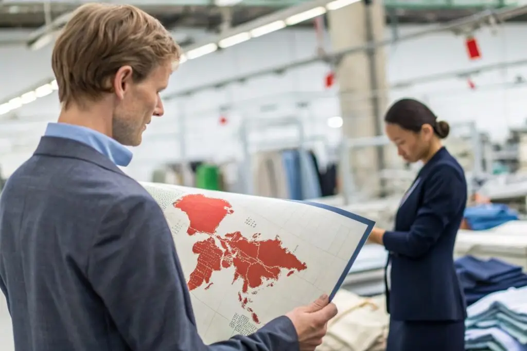Buyer reviewing global export map at garment factory