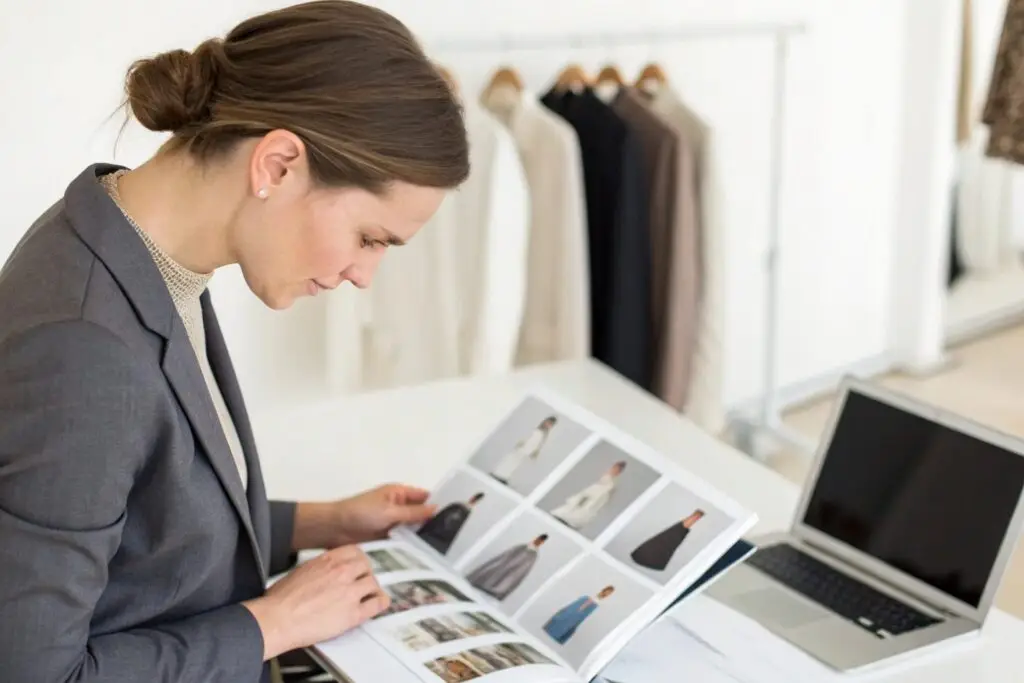 Clothing buyer browsing fashion catalog in showroom