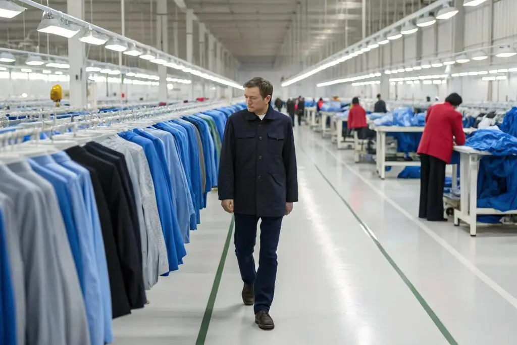 European clothing buyer inspecting production line