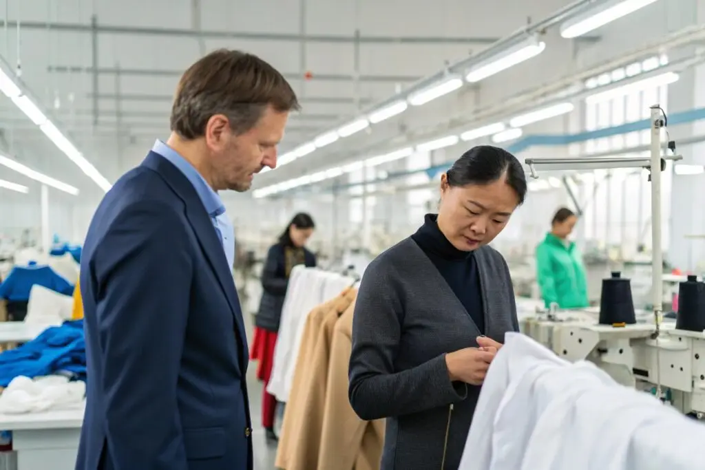 European clothing buyer visiting trusted high-end factory