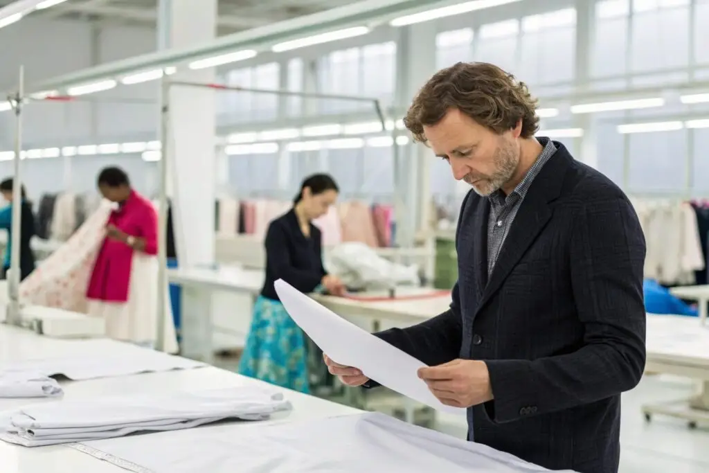 European clothing designer at a Chinese factory
