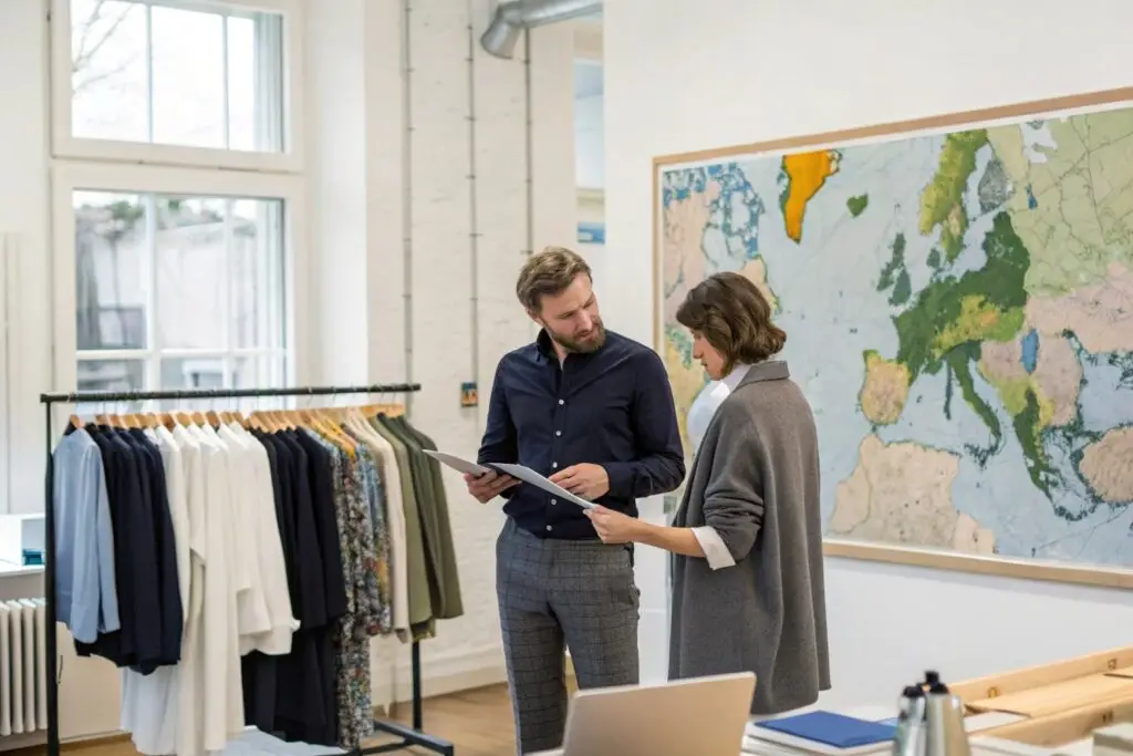 Clothing buyers discussing sourcing strategy by Europe map