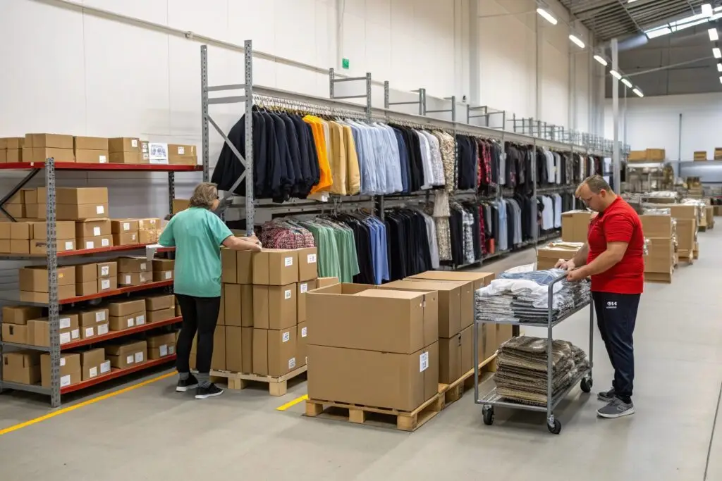 European clothing retailer organizing bulk clothes for shipment