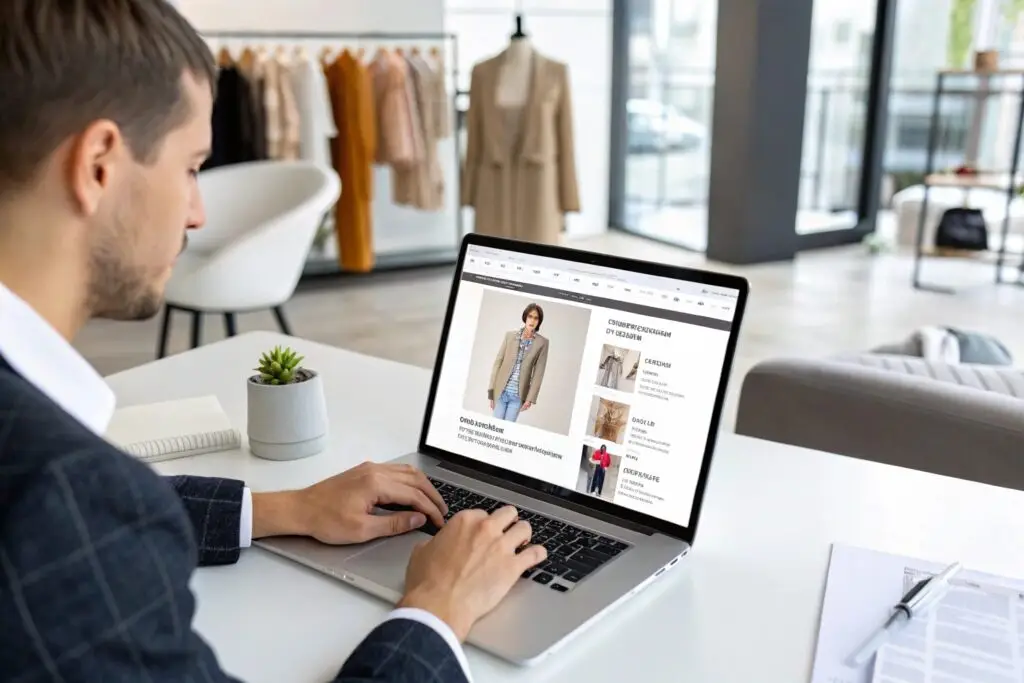 European clothing retailer reviewing a wholesale clothing site