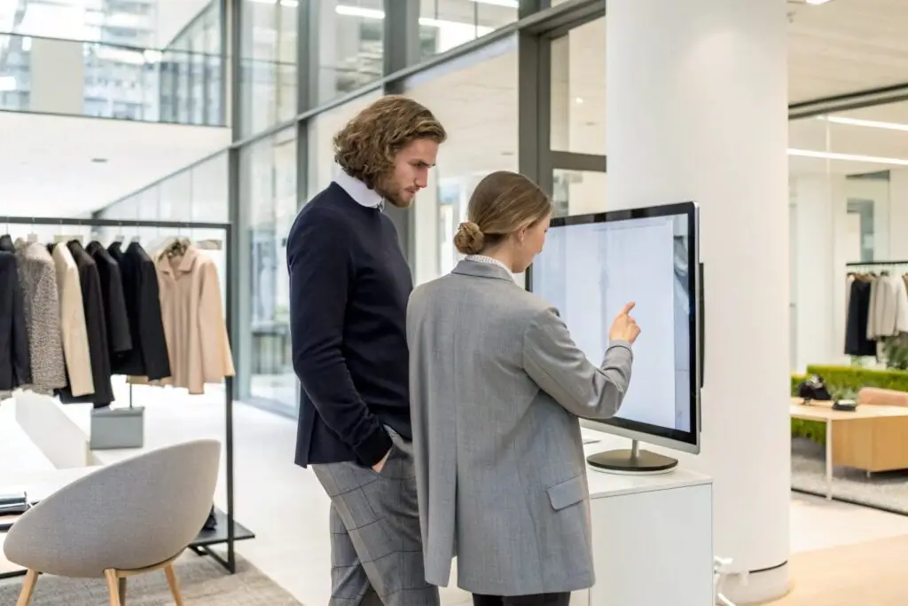 Fashion professionals reviewing garment details on touchscreen