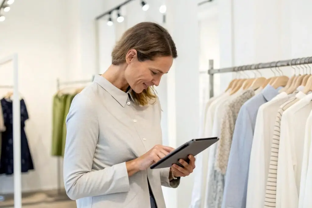 European clothing retailer reviewing multiple items