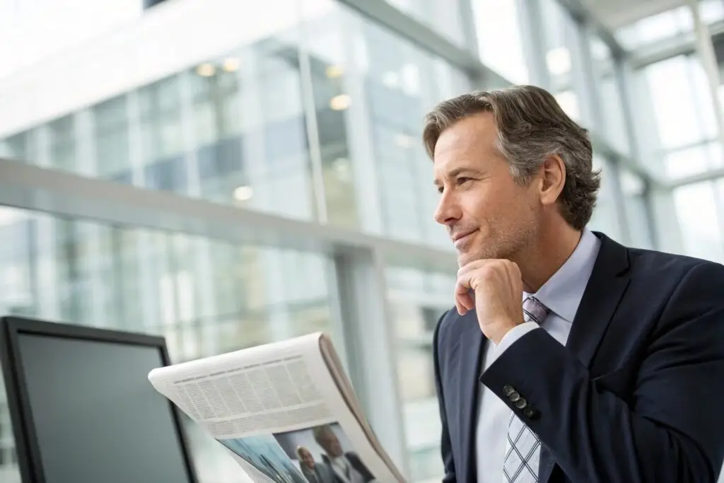 European fashion executive reading news