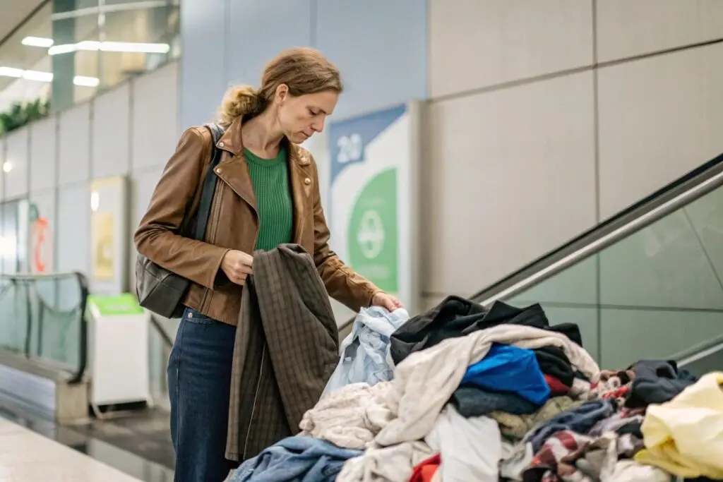 Gen Z shopper browsing through a pile of discarded clothing