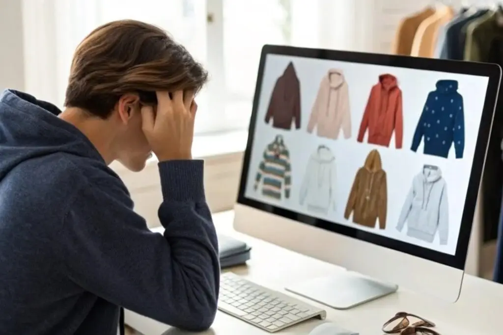 European shopper browsing online clothing store