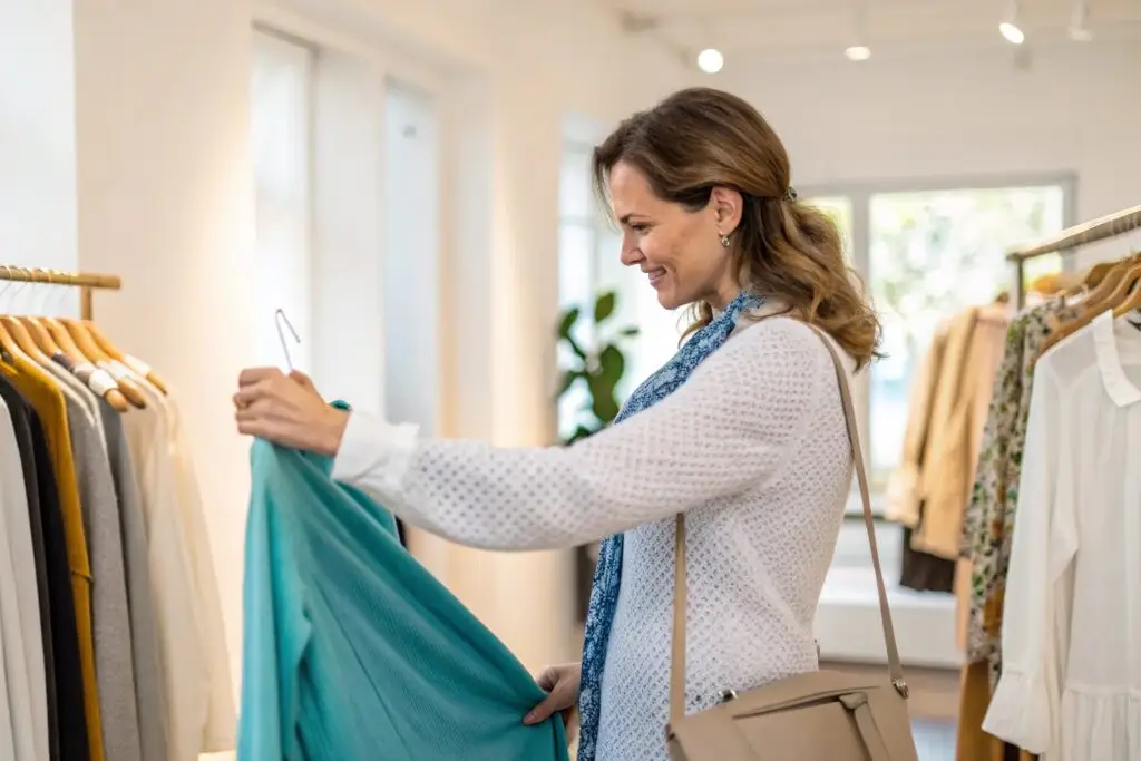 Smiling shopper examining a turquoise dress in boutique
