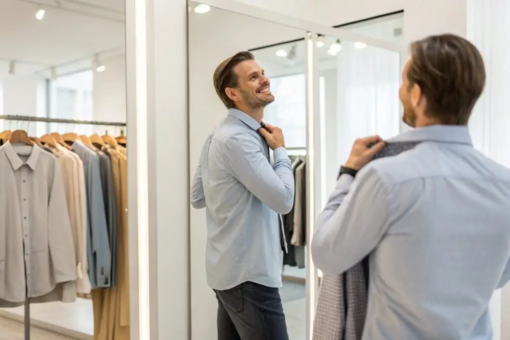 European shopper trying on clothes