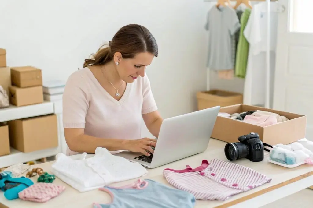 Woman preparing kidswear for online boutique