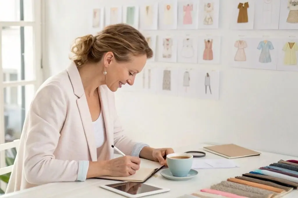 Fashion designer sketching kidswear styles at desk