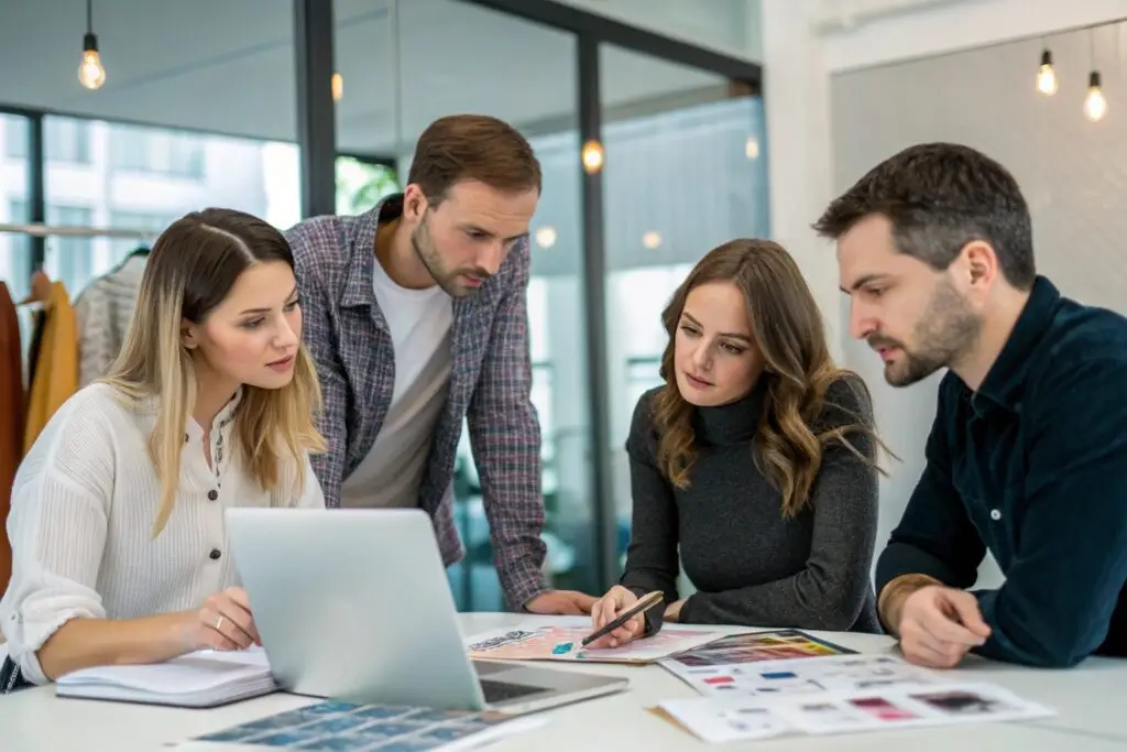 Fashion design team collaborating on a new collection