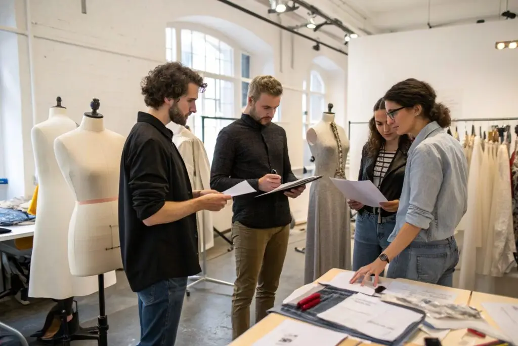 Fashion team collaborating on custom clothing design