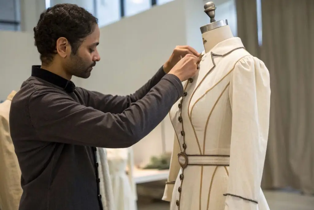 A fashion designer working on a classic, timeless garment