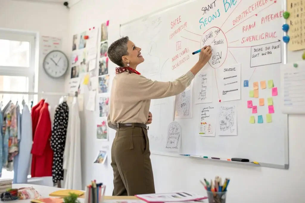 Fashion designer planning product strategy on whiteboard