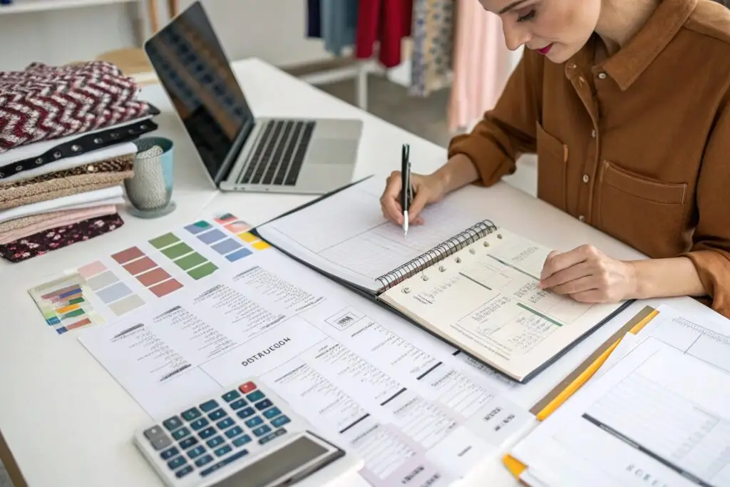 Fashion planner reviewing documents and color samples at desk