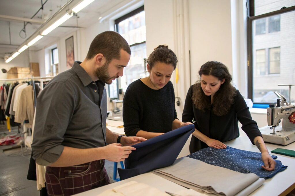 Fashion startup team reviewing fabric swatches and designs