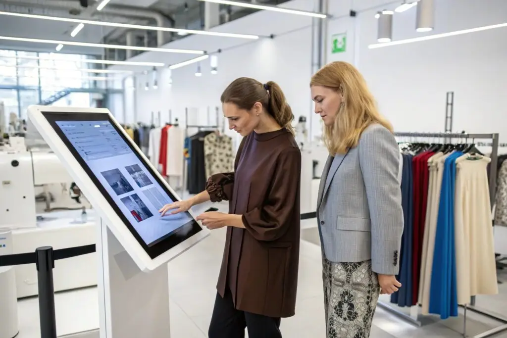 Buyers browsing digital catalog in modern fashion studio