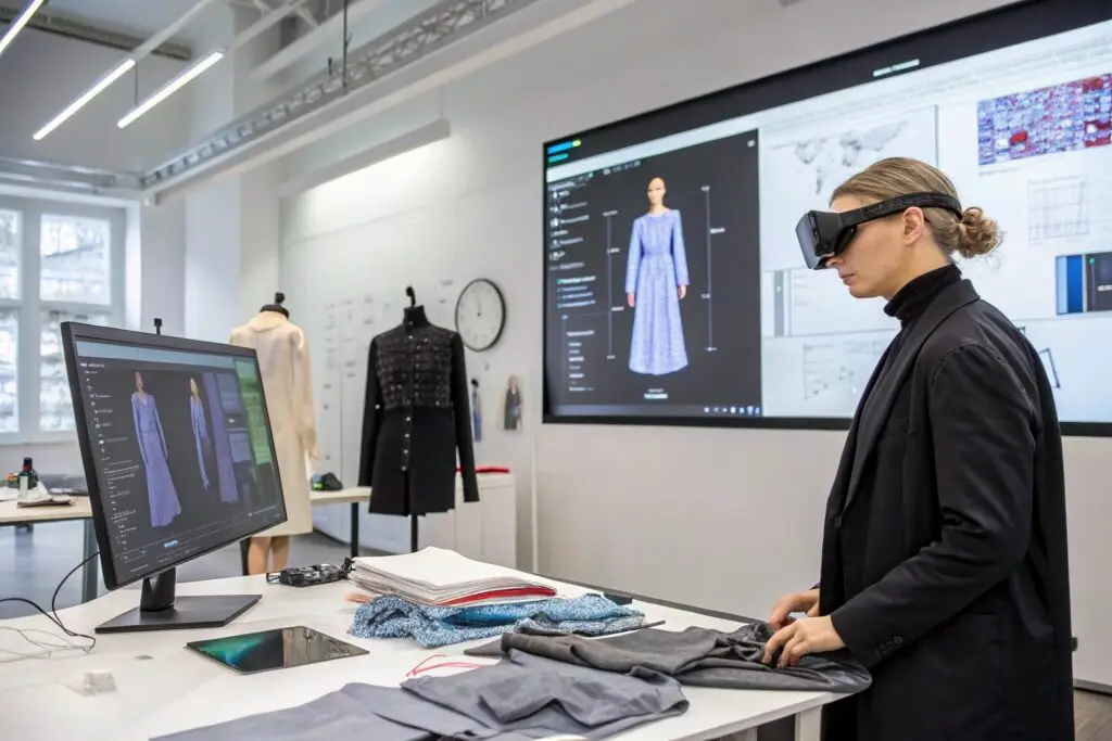 Designer using VR to visualize 3D fashion prototypes