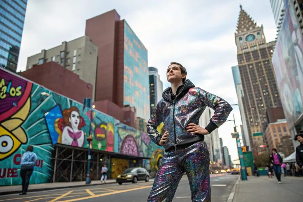 Confident person in colorful streetwear with urban backdrop