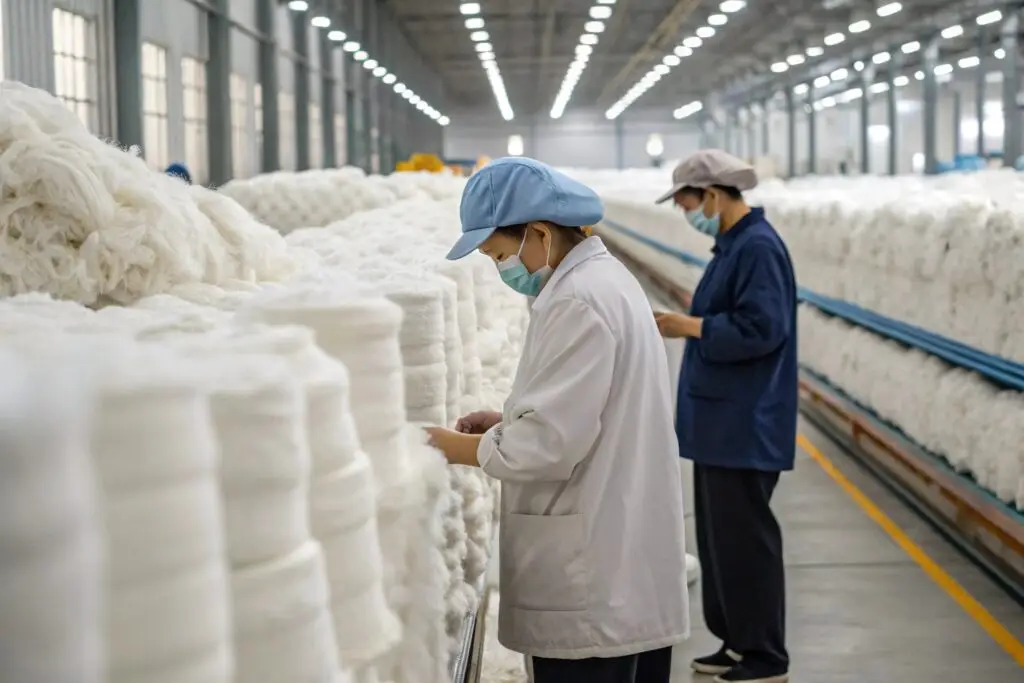 Chinese workers inspecting raw cotton at a fiber production facility
