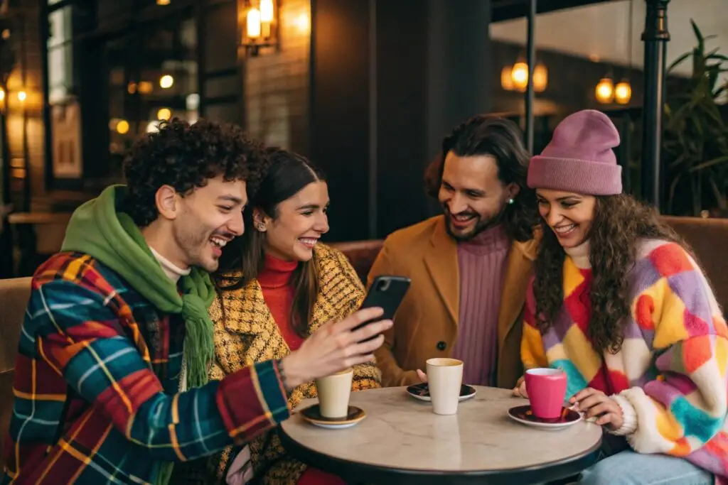A group of friends at a café, all dressed in the latest winter fashion