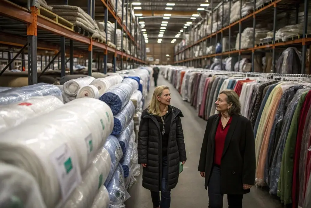Fashion professionals inspecting fabric in large warehouse
