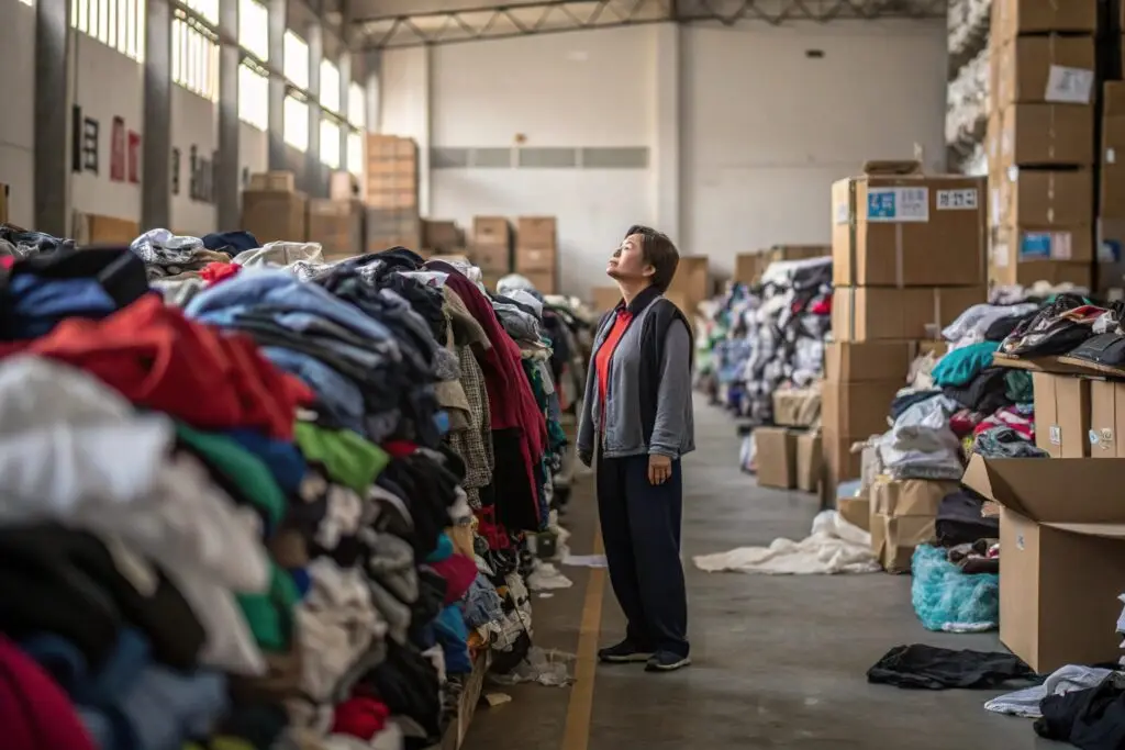 Person standing in warehouse full of unsold clothes