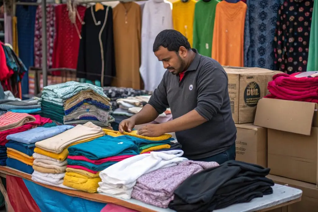 Street vendor sorting colorful garments for display