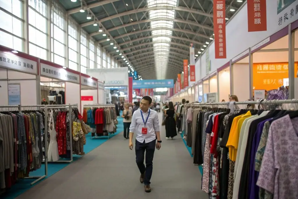 Visitor walking through apparel booths at large trade fair