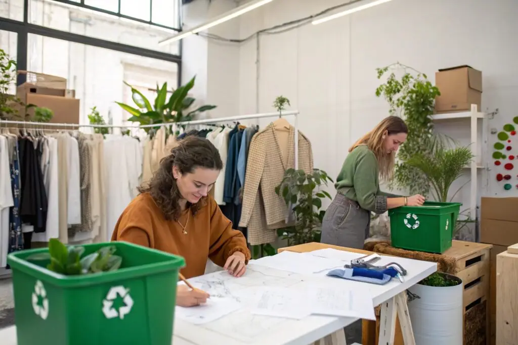 Eco-conscious designers working in sustainable fashion studio