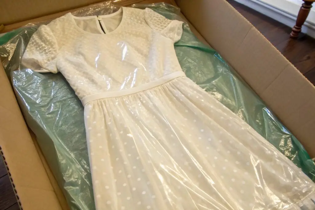 A newly purchased dress sealed in packaging