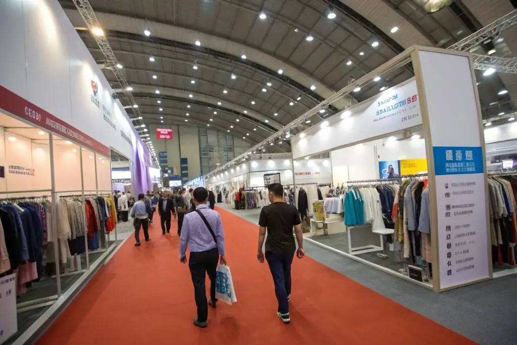 Buyers browsing garment booths at large apparel trade hall