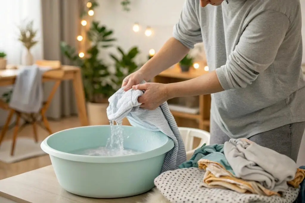 A parent carefully washing a newborn's clothes