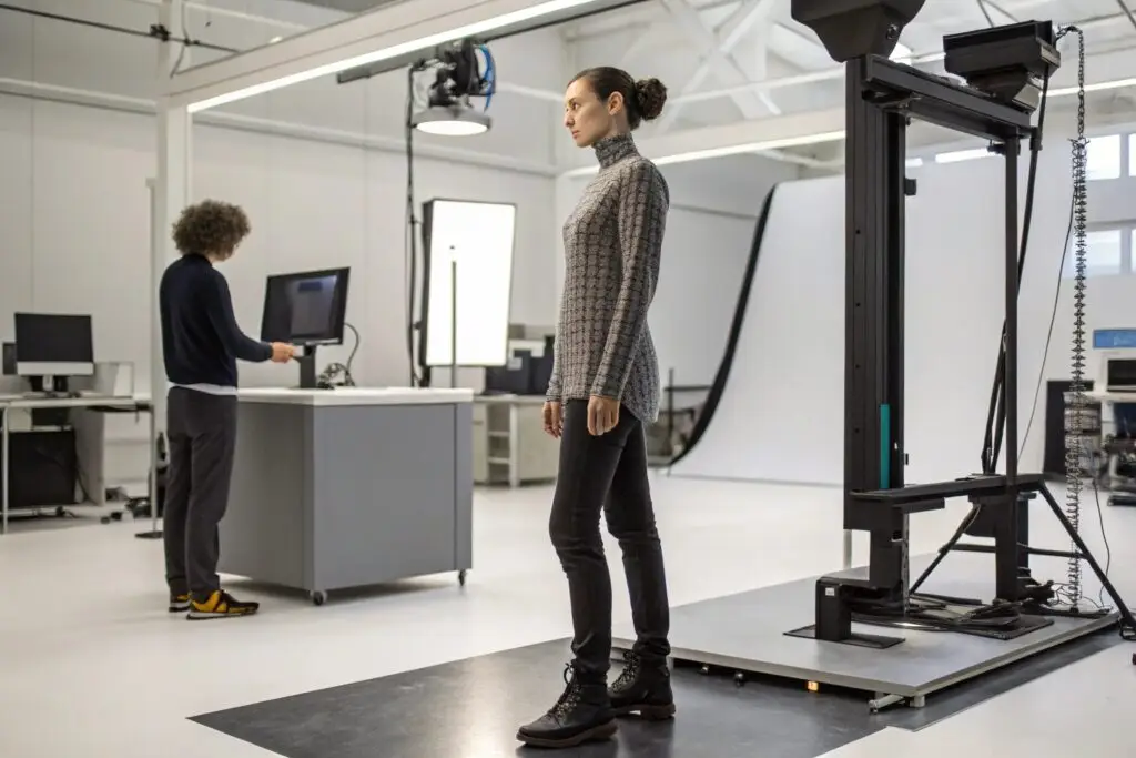 Model undergoing 3D body scan for precise garment fitting