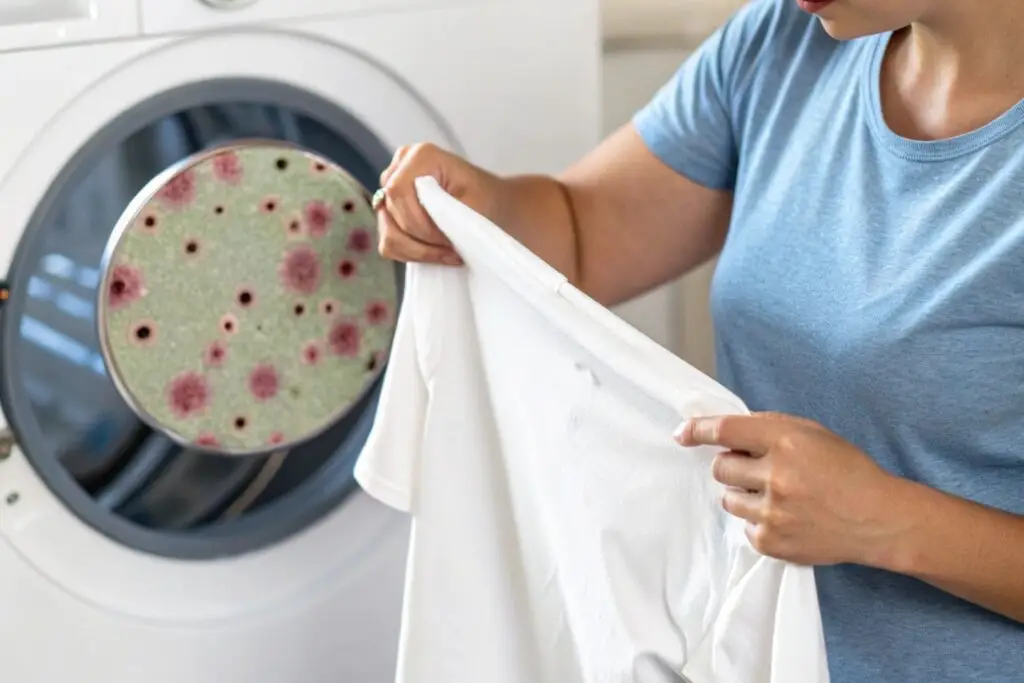 A person holding a new t-shirt after washing