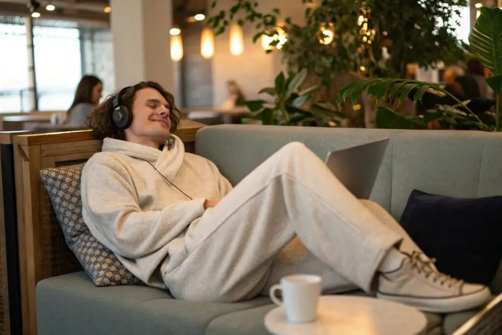 Man relaxing on sofa in cozy fleece loungewear set